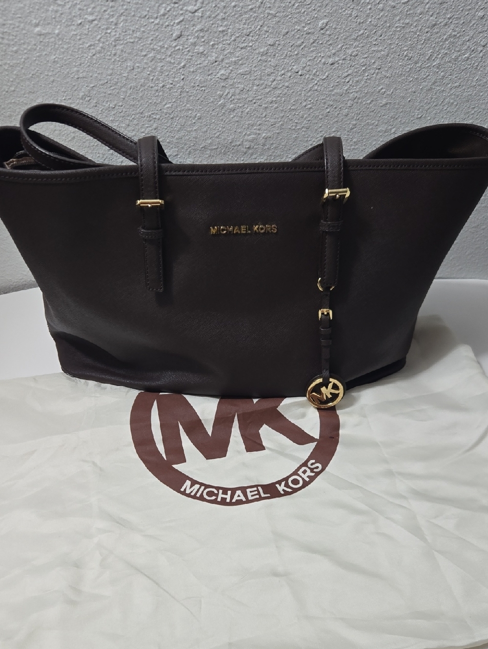 Michael Kors Brown Leather Tote with Gold Accent Charm